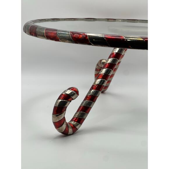 Festive Candy Cane Metal & Glass Holiday Cake Stand / Riser – 12” Round - Picture 2 of 9